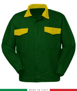 Two tone work jacket, Made in Italy. Two chest pockets. Possibility of customization. Color bottle green / yellow