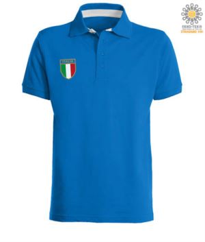 Short sleeve jersey polo shirt, four buttons, contrasting collar and slit band, Italian shield on the chest, color royal blue 