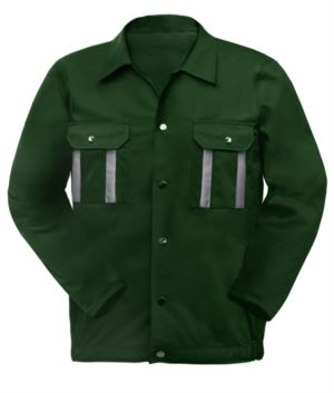 Two-tone multi pocket work jacket with reflective piping on shoulders and sleeves. Colour green