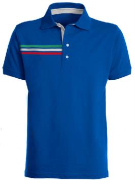 Short-sleeved polo shirt with three coloured detail on the right chest, contrasting inner collar and lapel. Royal blue colour - Italian flag