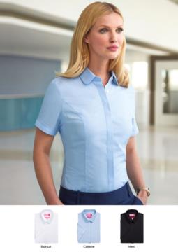 Elegant uniform shirt in white, light blue, black, polyester, cotton and elastane. Get a free quote.