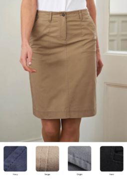 Cotton skirt and 4% elestane, with pockets and belt loops. Navy, beige, grey, black colours. Ideal for receptionists, hostesses and hoteliers.
