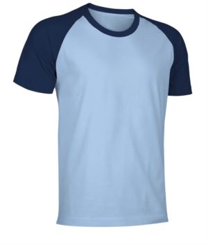 T-Shirt da lavoro manica corta, bicolore in jersey, colore celeste e blu navy