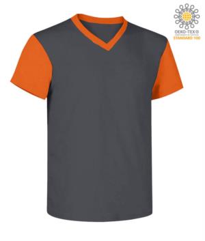 T-Shirt da lavoro scollo a V, bicolore, collo e maniche in contrasto. Colore grigio/arancione