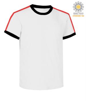 T-shirt girocollo da lavoro, colletto e fondo manica in contrasto e strisce di colore sulle spalle, colore bianco
