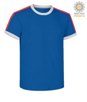 T-shirt girocollo da lavoro, colletto e fondo manica in contrasto e strisce di colore sulle spalle, colore azzurro royal