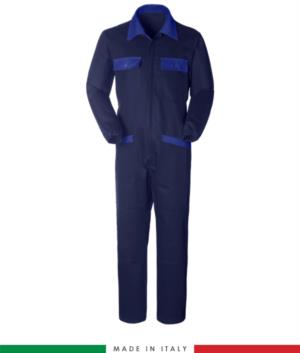 Tuta intera bicolore, collo a camicia, cerniera centrale coperta, elastico in vita. Possibilità di produzione personalizzata. Made in Italy. Colore Blu Navy/Azzurro Royal