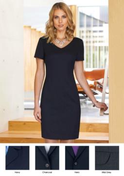 Dress for professional use (e.g.: promoter, receptionist, hotellerie) with stain-resistant polyester and wool fabric.