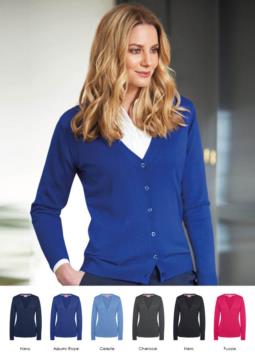 Women V-neck cardigan, long sleeves, ribs, hem and cuffs, cotton and acrylic fabric
