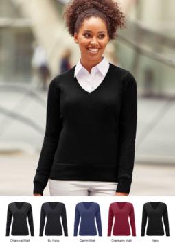 Women V-neck sweater with ribbed neck and cuffs, seamless, cotton and acrylic fabric