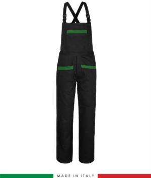 Two tone dungarees. Possibility of personalized production. Made in Italy. Multipockets. Color: black/bright green