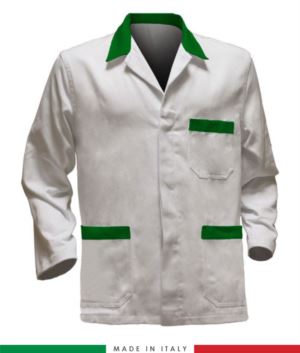 white work jacket with green inserts, polyester fabric and cotton