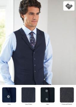 Elegant uniform vest with 5-button closure. Polyester, viscose and elastane fabric. Wholesale only. Get a free quote.