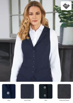 Women's vest with four button closure and two slanted pockets. Teflon stain-resistant fabric