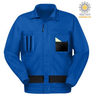 Two-tone multitasche work jacket with Korean collar. Royal Light Blue/Black color