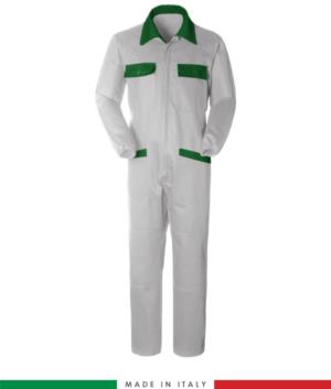 Two-tone ful jumpsuit , shirt collar, central covered zip, elasticated wais. Possibility of personalized production. Made in Italy. Color white/bright green