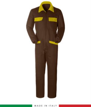 Two-tone ful jumpsuit , shirt collar, central covered zip, elasticated wais. Possibility of personalized production. Made in Italy. Color brown/yellow