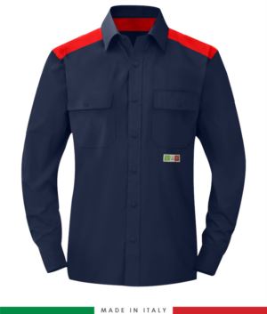 Two-tone multi-pro shirt, snap button closure, two chest pockets, coloured inserts on shoulders and inside collar, certified EN 1149-5, EN 13034, UNI EN ISO 14116:2008, color  navy blue /red