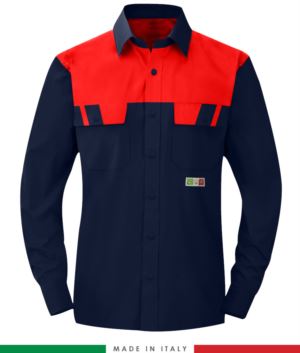 Camicia trivalente bicolore, maniche lunghe, due tasche sul petto, Made in Italy, certificata EN 1149-5, EN 13034, EN 14116: 2008, colore blu navy/rosso