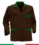 giacca da lavoro marrone con bande azzurre made in Italy, 100% cotone Massaua e due tasche RUBICOLOR.GIA.MAVEB