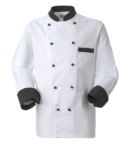 Giacca cuoco, chiusura anteriore bottoni doppio petto, taschino lato sinistro, manica a 3/4, colore bianco-rigato grigio nero. ROMG0101.BGN