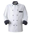 Giacca cuoco, chiusura anteriore bottoni doppio petto, taschino lato sinistro, manica a 3/4, colore bianco-gessato blu ROMG0101.BGB