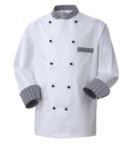 Giacca cuoco, chiusura anteriore bottoni doppio petto, taschino lato sinistro, manica a 3/4, colore bianco-rigato grigio nero. ROMG0101.RGN