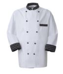 Giacca cuoco, chiusura anteriore bottoni doppio petto, taschino lato sinistro, manica a 3/4, colore bianco-nero quadri bianco. ROMG0101.BNB