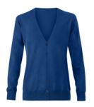 Cardigan donna con scollo a V, costine sul collo e polsini, apertura centrale, tessuto cotone e acrilico. Colore blu royal X-PR697.BR
